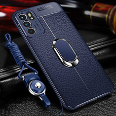 Soft Silicone Gel Leather Snap On Case Cover with Magnetic Finger Ring Stand for Oppo Reno6 5G Blue