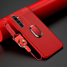 Soft Silicone Gel Leather Snap On Case Cover with Magnetic Finger Ring Stand for Realme 6 Pro Red