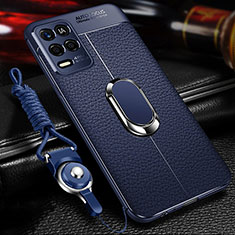 Soft Silicone Gel Leather Snap On Case Cover with Magnetic Finger Ring Stand for Realme Q3 5G Blue