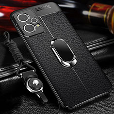 Soft Silicone Gel Leather Snap On Case Cover with Magnetic Finger Ring Stand for Realme V25 5G Black