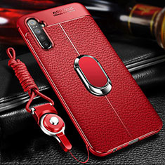 Soft Silicone Gel Leather Snap On Case Cover with Magnetic Finger Ring Stand for Realme X2 Red