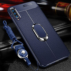 Soft Silicone Gel Leather Snap On Case Cover with Magnetic Finger Ring Stand for Samsung Galaxy A70S Blue