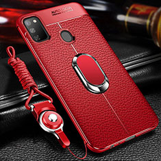 Soft Silicone Gel Leather Snap On Case Cover with Magnetic Finger Ring Stand for Samsung Galaxy M21 Red