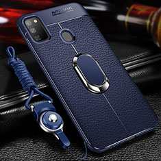 Soft Silicone Gel Leather Snap On Case Cover with Magnetic Finger Ring Stand for Samsung Galaxy M30s Blue