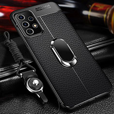 Soft Silicone Gel Leather Snap On Case Cover with Magnetic Finger Ring Stand for Samsung Galaxy M32 5G Black
