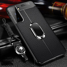 Soft Silicone Gel Leather Snap On Case Cover with Magnetic Finger Ring Stand for Samsung Galaxy S24 Plus 5G Black