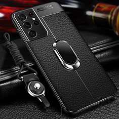 Soft Silicone Gel Leather Snap On Case Cover with Magnetic Finger Ring Stand for Samsung Galaxy S24 Ultra 5G Black