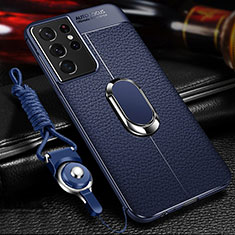 Soft Silicone Gel Leather Snap On Case Cover with Magnetic Finger Ring Stand for Samsung Galaxy S24 Ultra 5G Blue