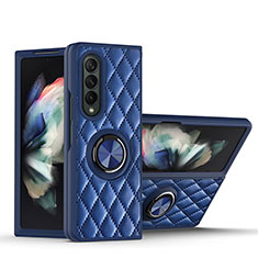 Soft Silicone Gel Leather Snap On Case Cover with Magnetic Finger Ring Stand for Samsung Galaxy Z Fold4 5G Blue