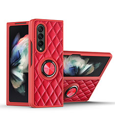 Soft Silicone Gel Leather Snap On Case Cover with Magnetic Finger Ring Stand for Samsung Galaxy Z Fold4 5G Red