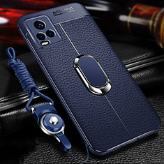 Soft Silicone Gel Leather Snap On Case Cover with Magnetic Finger Ring Stand for Vivo V21e 4G Blue