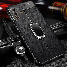 Soft Silicone Gel Leather Snap On Case Cover with Magnetic Finger Ring Stand for Vivo V23 5G Black