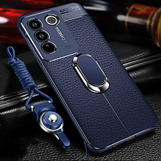 Soft Silicone Gel Leather Snap On Case Cover with Magnetic Finger Ring Stand for Vivo V27 5G Blue