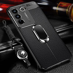 Soft Silicone Gel Leather Snap On Case Cover with Magnetic Finger Ring Stand for Vivo V27 Pro 5G Black