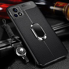 Soft Silicone Gel Leather Snap On Case Cover with Magnetic Finger Ring Stand for Vivo Y31s 5G Black