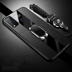 Soft Silicone Gel Leather Snap On Case Cover with Magnetic Finger Ring Stand for Vivo Y50 Black