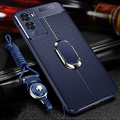 Soft Silicone Gel Leather Snap On Case Cover with Magnetic Finger Ring Stand for Vivo Y72t Blue