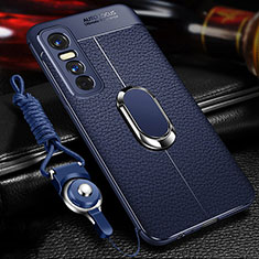 Soft Silicone Gel Leather Snap On Case Cover with Magnetic Finger Ring Stand for Vivo Y73s 5G Blue