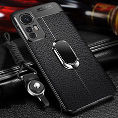 Soft Silicone Gel Leather Snap On Case Cover with Magnetic Finger Ring Stand for Xiaomi Mi 12T 5G Black