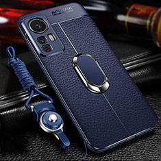 Soft Silicone Gel Leather Snap On Case Cover with Magnetic Finger Ring Stand for Xiaomi Mi 12X 5G Blue