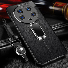 Soft Silicone Gel Leather Snap On Case Cover with Magnetic Finger Ring Stand for Xiaomi Mi 13 Ultra 5G Black