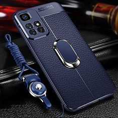 Soft Silicone Gel Leather Snap On Case Cover with Magnetic Finger Ring Stand for Xiaomi Redmi 10 4G Blue
