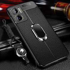 Soft Silicone Gel Leather Snap On Case Cover with Magnetic Finger Ring Stand for Xiaomi Redmi 10 5G Black