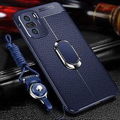 Soft Silicone Gel Leather Snap On Case Cover with Magnetic Finger Ring Stand for Xiaomi Redmi K40 5G Blue