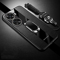 Soft Silicone Gel Leather Snap On Case Cover with Magnetic Finger Ring Stand PB1 for Huawei Nova 11 SE Black