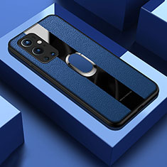 Soft Silicone Gel Leather Snap On Case Cover with Magnetic Finger Ring Stand PB1 for OnePlus 9 Pro 5G Blue