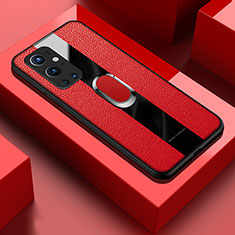 Soft Silicone Gel Leather Snap On Case Cover with Magnetic Finger Ring Stand PB1 for OnePlus 9 Pro 5G Red