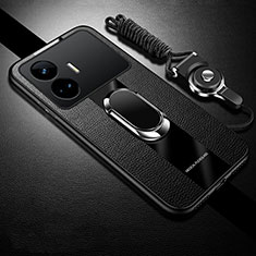 Soft Silicone Gel Leather Snap On Case Cover with Magnetic Finger Ring Stand PB1 for Realme GT Neo5 SE 5G Black