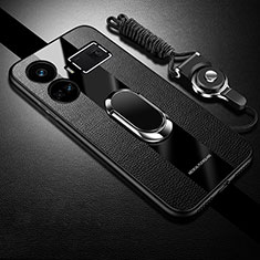 Soft Silicone Gel Leather Snap On Case Cover with Magnetic Finger Ring Stand PB1 for Realme GT Neo6 5G Black