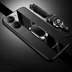 Soft Silicone Gel Leather Snap On Case Cover with Magnetic Finger Ring Stand PB1 for Realme V20 5G Black