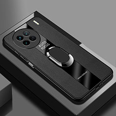 Soft Silicone Gel Leather Snap On Case Cover with Magnetic Finger Ring Stand PB1 for Vivo X90 5G Black