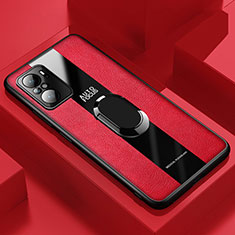 Soft Silicone Gel Leather Snap On Case Cover with Magnetic Finger Ring Stand PB1 for Xiaomi Poco F3 5G Red