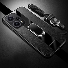 Soft Silicone Gel Leather Snap On Case Cover with Magnetic Finger Ring Stand PB1 for Xiaomi Poco F5 5G Black