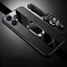 Soft Silicone Gel Leather Snap On Case Cover with Magnetic Finger Ring Stand PB1 for Xiaomi Poco M6 Pro 5G Black