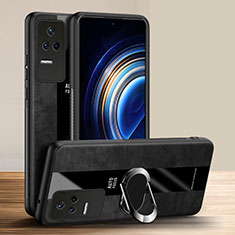 Soft Silicone Gel Leather Snap On Case Cover with Magnetic Finger Ring Stand PB1 for Xiaomi Redmi K50 5G Black