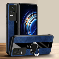 Soft Silicone Gel Leather Snap On Case Cover with Magnetic Finger Ring Stand PB1 for Xiaomi Redmi K50 5G Blue