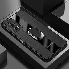 Soft Silicone Gel Leather Snap On Case Cover with Magnetic Finger Ring Stand PB1 for Xiaomi Redmi K60 5G Black