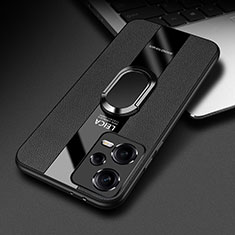 Soft Silicone Gel Leather Snap On Case Cover with Magnetic Finger Ring Stand PB1 for Xiaomi Redmi Note 12 5G Black