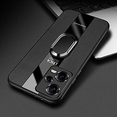 Soft Silicone Gel Leather Snap On Case Cover with Magnetic Finger Ring Stand PB1 for Xiaomi Redmi Note 12 Explorer Black
