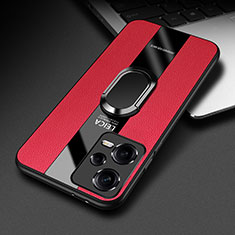 Soft Silicone Gel Leather Snap On Case Cover with Magnetic Finger Ring Stand PB1 for Xiaomi Redmi Note 12 Pro 5G Red