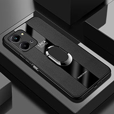 Soft Silicone Gel Leather Snap On Case Cover with Magnetic Finger Ring Stand PB2 for Huawei Honor X7a Black