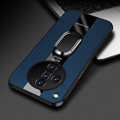 Soft Silicone Gel Leather Snap On Case Cover with Magnetic Finger Ring Stand PB2 for Oppo Find X7 5G Blue