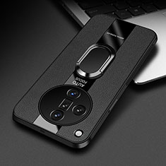 Soft Silicone Gel Leather Snap On Case Cover with Magnetic Finger Ring Stand PB2 for Oppo Find X7 Ultra 5G Black
