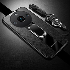 Soft Silicone Gel Leather Snap On Case Cover with Magnetic Finger Ring Stand PB2 for Realme 11 Pro 5G Black