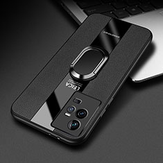 Soft Silicone Gel Leather Snap On Case Cover with Magnetic Finger Ring Stand PB2 for Vivo iQOO 11 5G Black