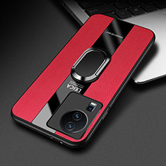 Soft Silicone Gel Leather Snap On Case Cover with Magnetic Finger Ring Stand PB2 for Vivo iQOO Neo7 SE Red